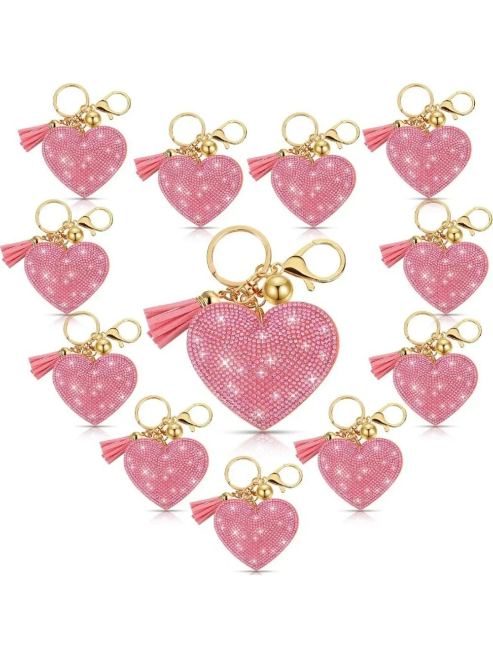 Valentine's Day Rhinestone Heart Keychains Set | Glitter Bling Tassel Gifts